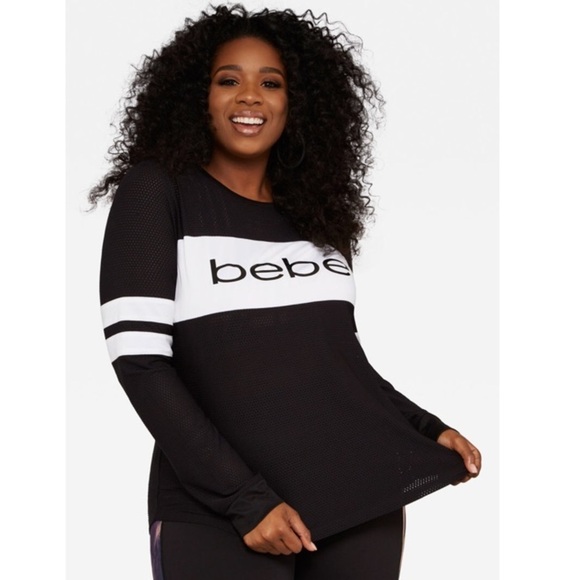 BEBE Sport Logo Striped Mesh Black Top Shirt M - Picture 1 of 7